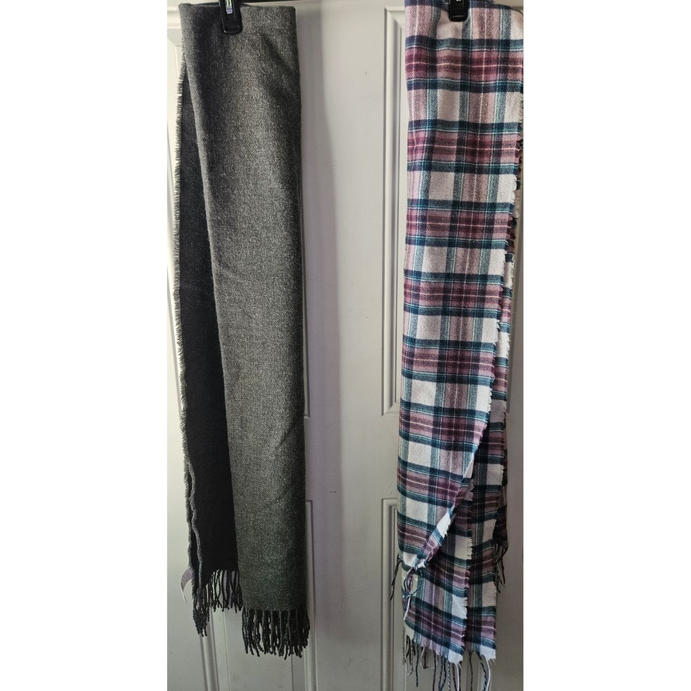 Eddie Bauer Blanket Scarf Bundle Gray‎ & Pink Plaid Fringe Wraps One Size